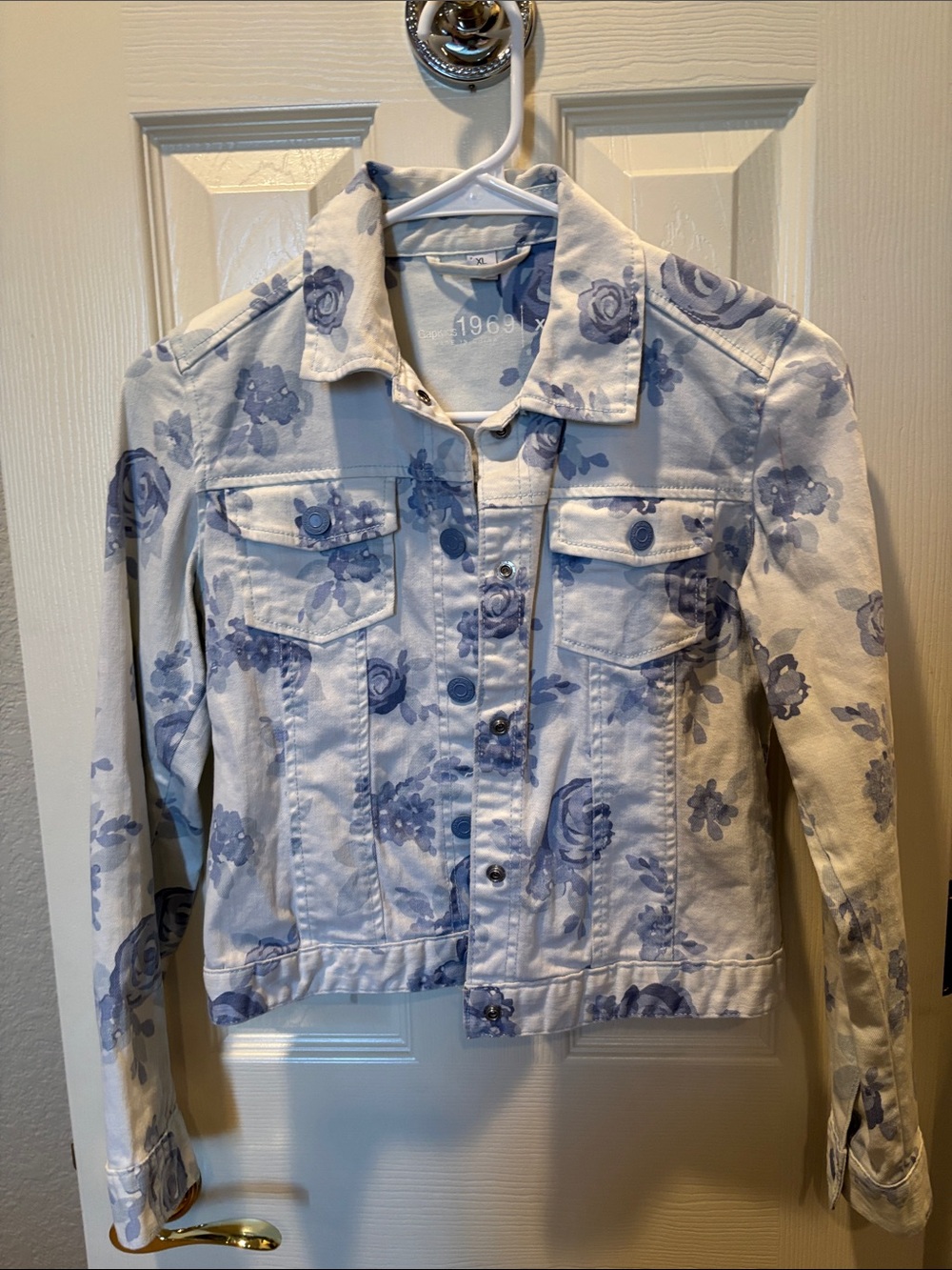 Gap Kids 1969 Floral Denim Trucker Jacket Blue White Toile Rose XL